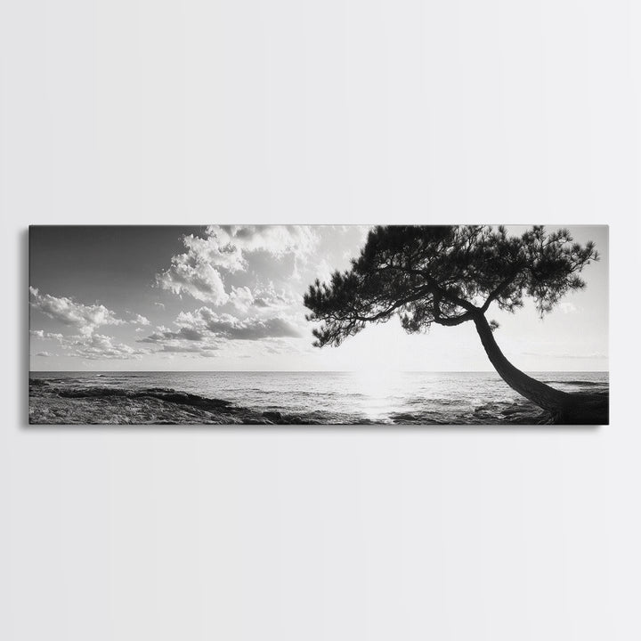 Lone Tree, Coastal Sunset, Ocean Horizon, Framed Canvas Print, Tranquil Landscape Art, Meditation Room Wall Art, Nature Zen Decor
