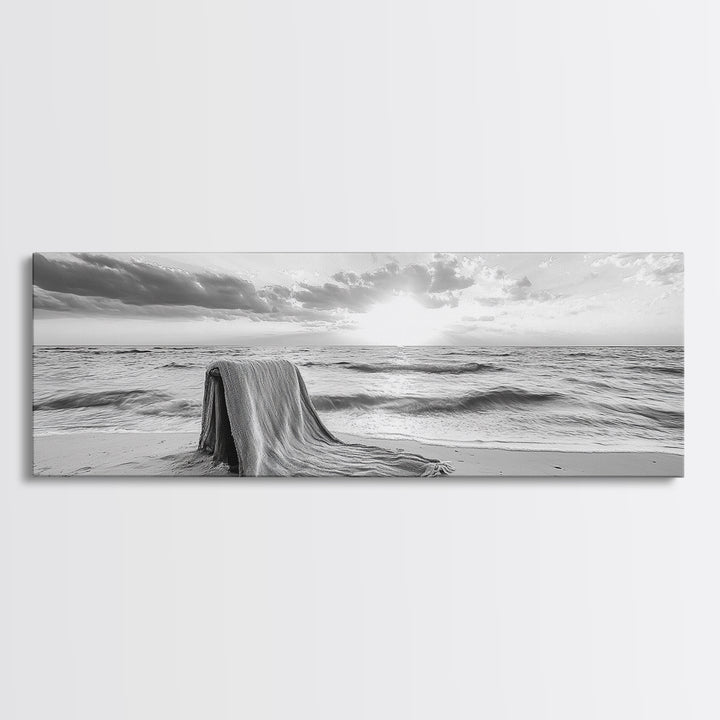 Blanket Beach, Woven Texture, Ocean Sunset, Tranquil Shore, Framed Canvas Print, Boho Wall Art, Bedroom Decor, Soft Coastal Photography Style