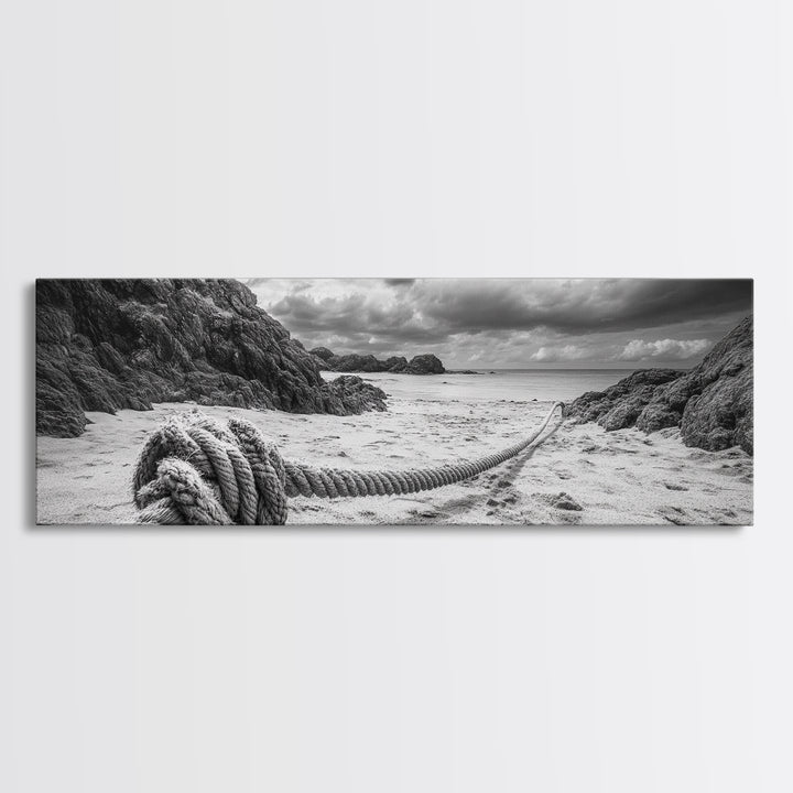 Nautical Rope Shore, Moody Ocean Rocks, Coastal Minimalist, Framed Canvas Print, Entryway Wall Art, Rustic Nautical Decor, Lakehouse Wall Art