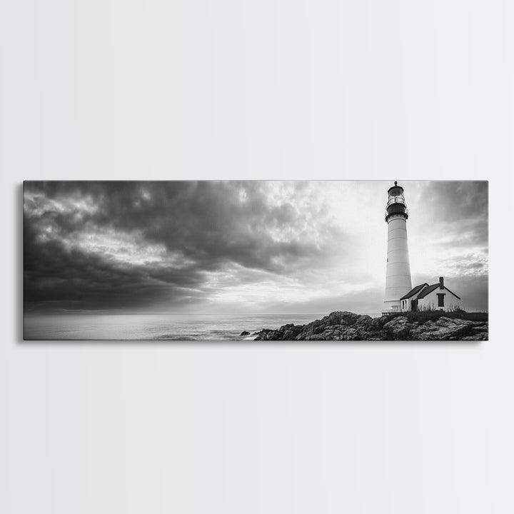 Dramatic Lighthouse Coast, Ocean Storm Horizon, Coastal Adventure, Framed Canvas Print, Living Room Wall Art, Nautical Fall Decor