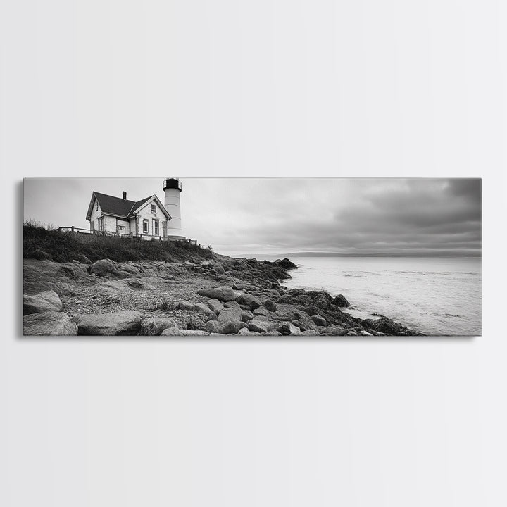 Classic Lighthouse Shore, Rocky Coastline Fog, Seaside Charm, Framed Canvas Print, Office Wall Art, New England Coastal Decor
