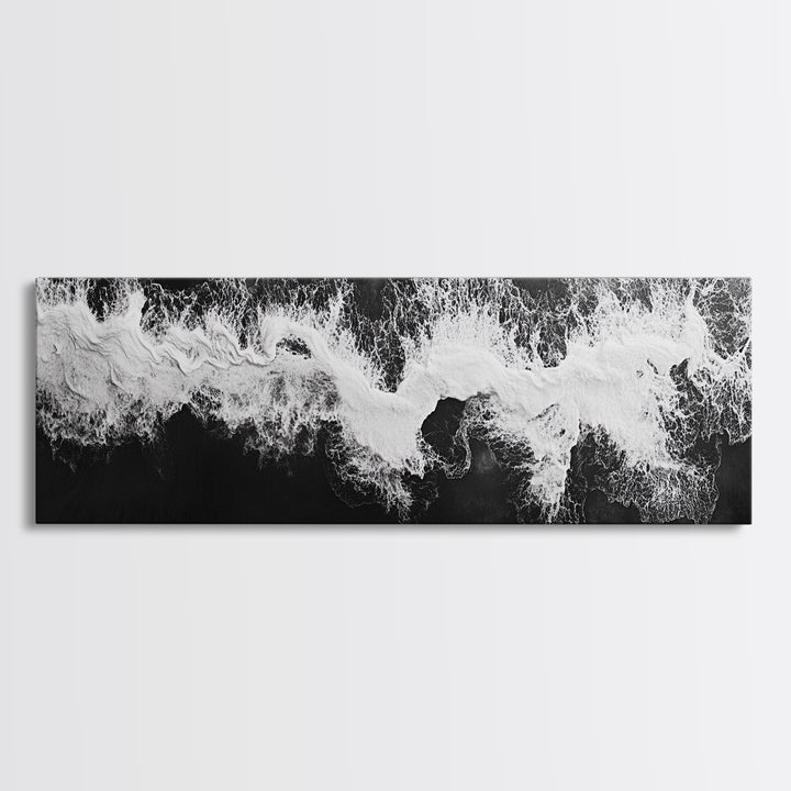 Ocean Wave, Aerial Surf, Coastal Abstract, Monochrome Motion, Framed Canvas Print, Modern Bathroom Art, Minimalist Art, Black and White Decor