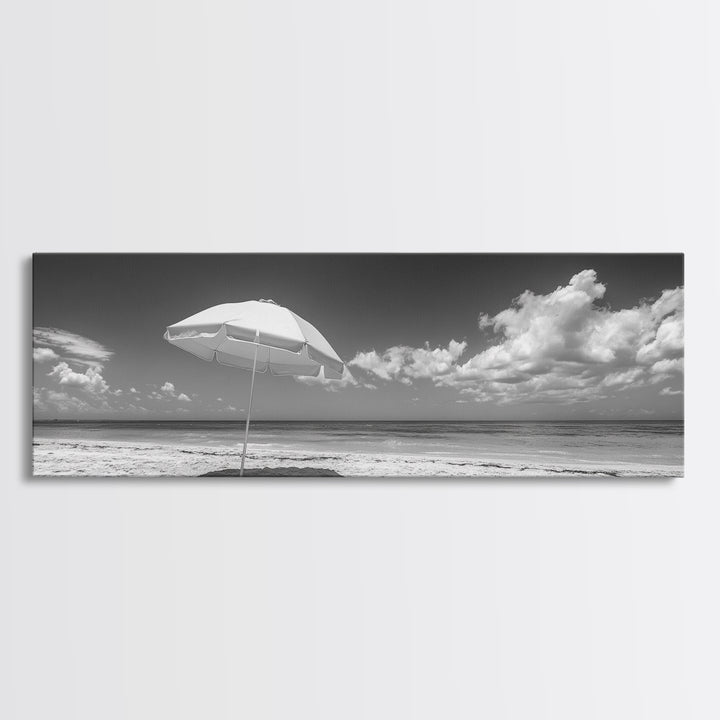 Beach Umbrella, Sunny Sky, Ocean Escape, Seaside Shade, Framed Canvas Print, Summer Wall Art, Bathroom Decor, Minimalist Coastal Style