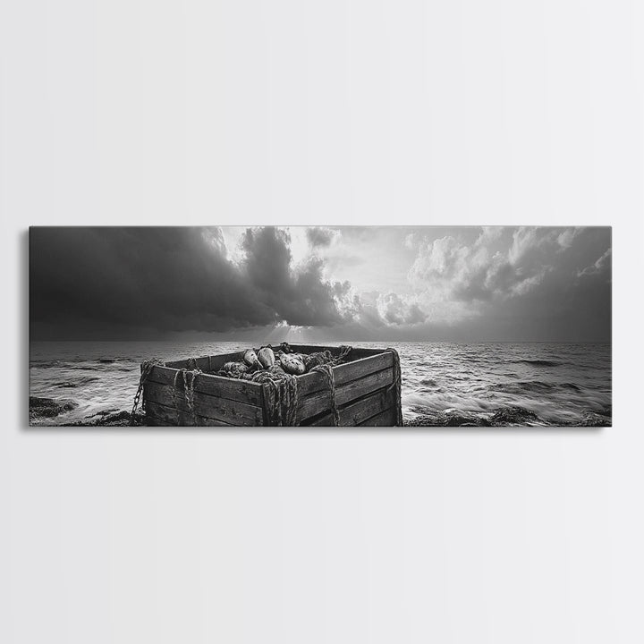 Ocean Harvest, Driftwood Crate, Coastal Mood, Framed Canvas Print, Nautical Wall Decor, Rustic Bathroom Art, Moody Coastal Artwork