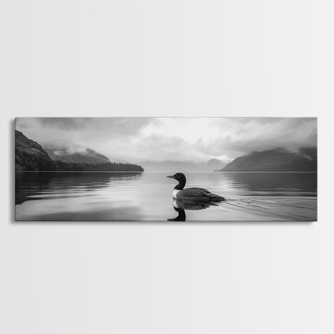 Loon Lake, Misty Reflection, Quiet Morning, Framed Canvas Print, Cabin Wall Art, Nature Lover Gift, Rustic Lakehouse Decor