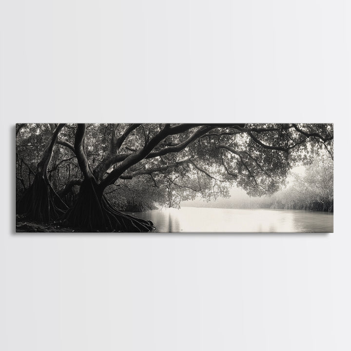 Mangrove Forest, River Flow, Rooted Stillness, Canvas Print, Zen Office Decor, Moody Jungle Art, Monochrome Nature Print