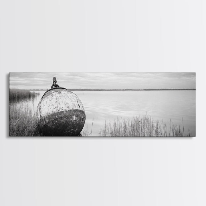 Coastal Buoy, Still Waters, Nautical Calm, Framed Canvas Print, Lakeside Bathroom Art, Maritime Style, Rustic Ocean Decor