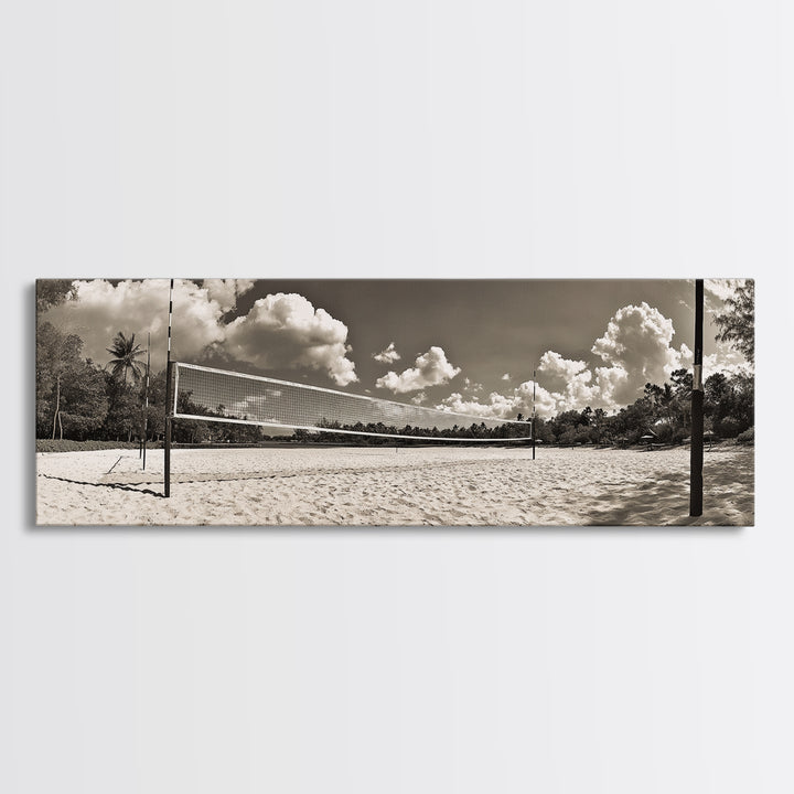 Beach Volleyball, Sand Court, Summer Fun, Tropical Clouds, Framed Canvas Print, Sports Room Wall Art, Coastal Decor, Sepia Beach Art