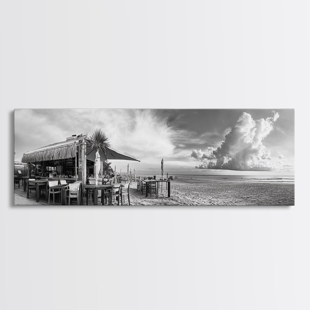 Seaside Bar, Beach Café, Oceanfront Dining, Cloudy Sky, Framed Canvas Print, Kitchen Wall Art, Black and White Tropical Art, Travel Decor