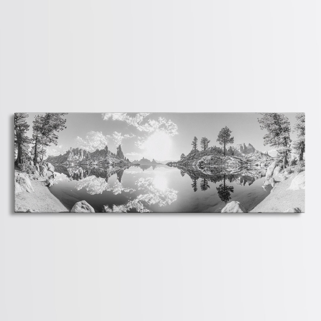 Mountain Reflections, Nature Panorama, Black and White Landscape, Framed Canvas Print, Living Room Wall Art, Modern Wilderness Decor