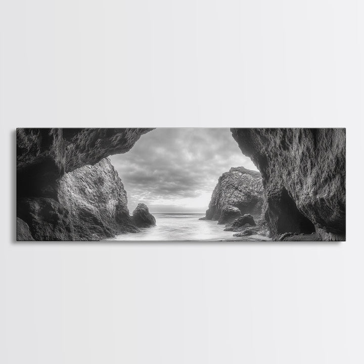 Sea Cave View, Coastal Rock Art, Monochrome Seascape, Framed Canvas Print, Bathroom Wall Art, Nature Photography, Moody Ocean Decor