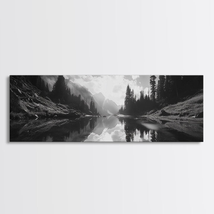 Alpine Lake Scene, Black and White Forest, Serene Mountain Print, Framed Canvas Print, Rustic Wall Art, Cabin Living Room Decor