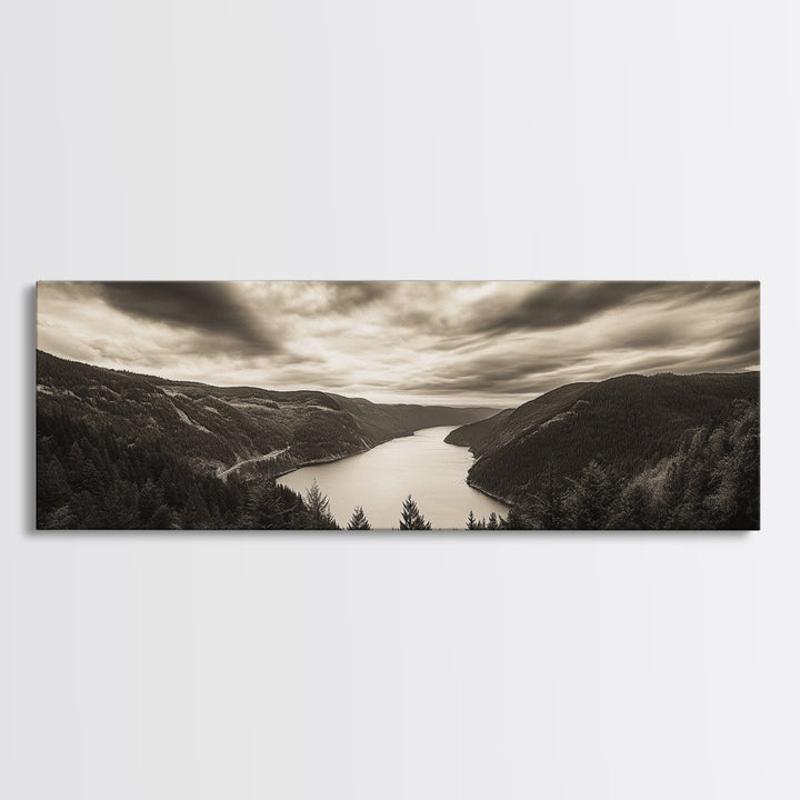 River Valley View, Dramatic Sky, Forest Landscape, Framed Canvas Print, Nature Photography, Entryway Wall Art, Moody Earth Tones