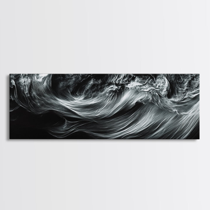 Abstract Ocean Waves, Motion Energy Art, Black and White Fluid Lines, Framed Canvas Print, Modern Wall Art, Minimalist Living Room
