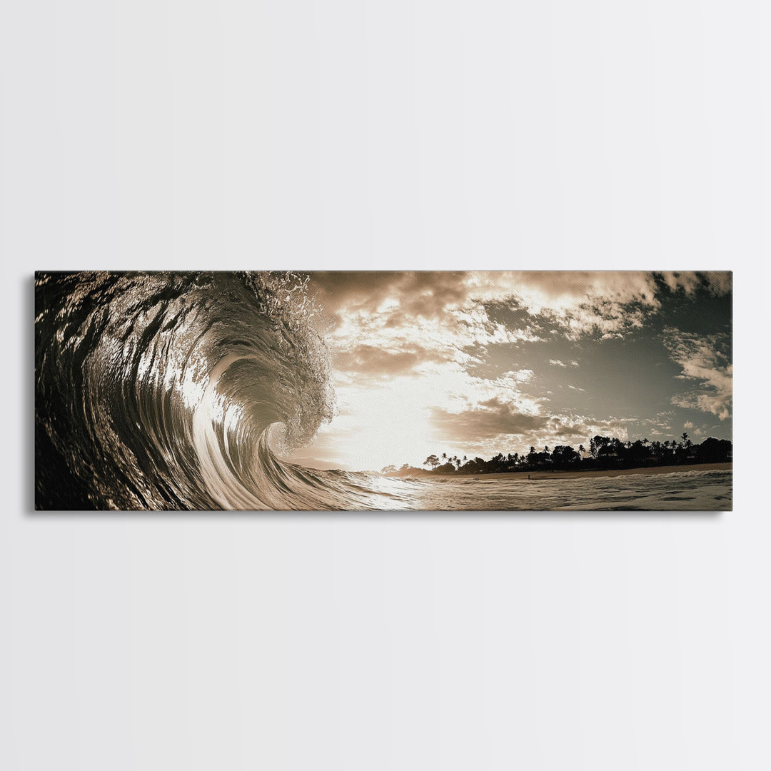 Ocean Wave Curl, Coastal Sunset, Seaside Wall Art, Framed Canvas Print, Surfer Vibes, Modern Beach Decor, Living Room Statement Piece