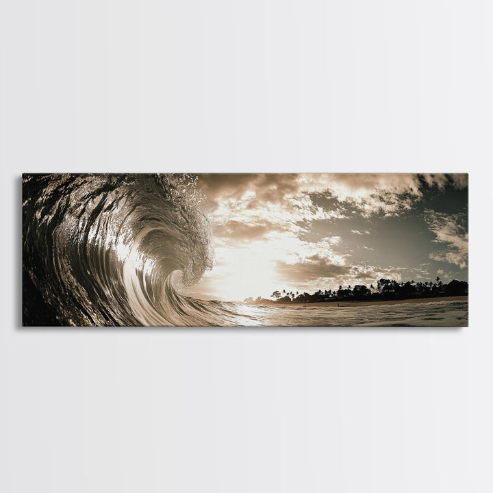 Ocean Wave Curl, Coastal Sunset, Seaside Wall Art, Framed Canvas Print, Surfer Vibes, Modern Beach Decor, Living Room Statement Piece