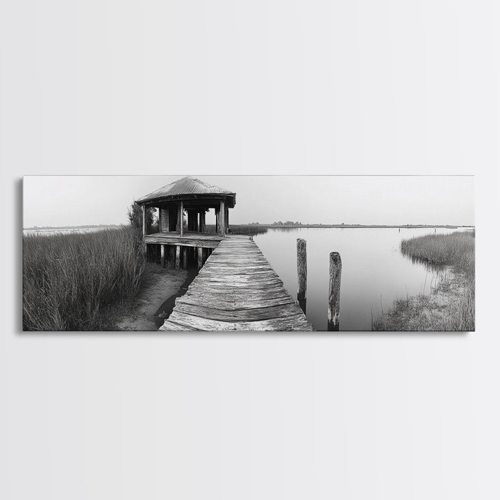 Abandoned Pier, Lakeside Shack, Black and White Marsh, Framed Canvas Print, Rustic Entryway Art, Minimalist Coastal Cabin Decor