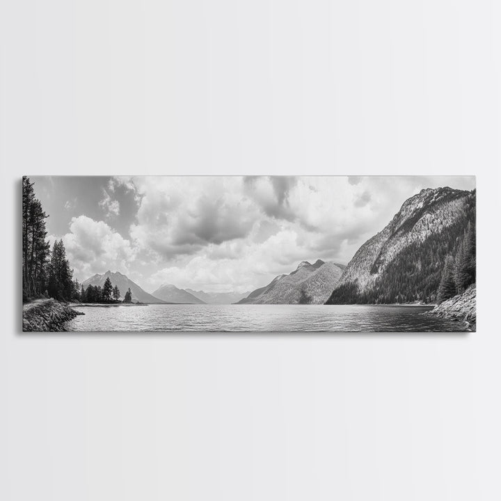 Mountain Lake, Forest Panorama, Serene Wilderness, Framed Canvas Print, Nature Lover Wall Art, Rustic Lodge Decor, Neutral Palette