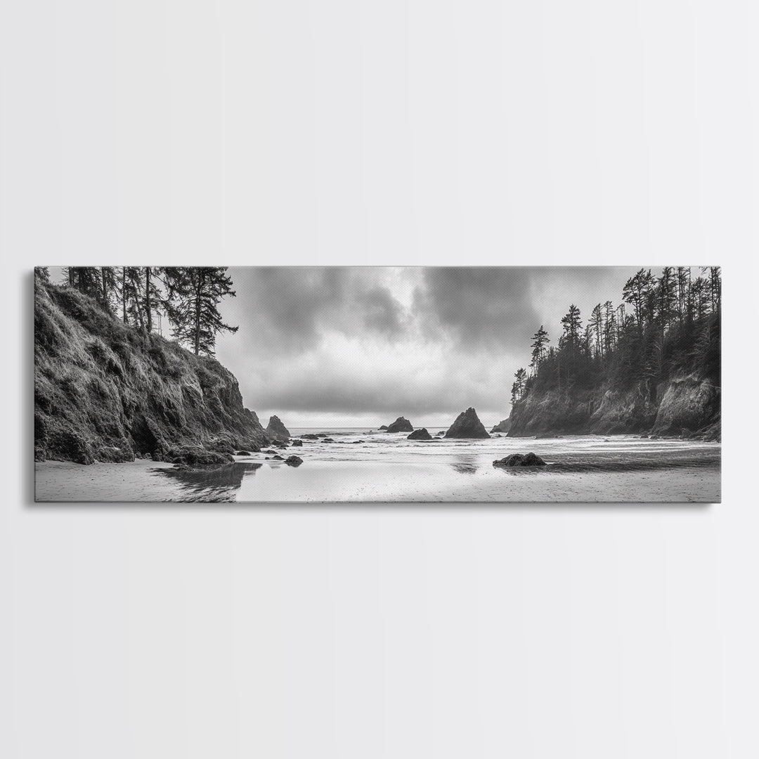 Misty Coastline, Dramatic Shore, Moody Ocean Scene, Framed Canvas Print, Coastal Living Room Art, Black and White Nature Decor
