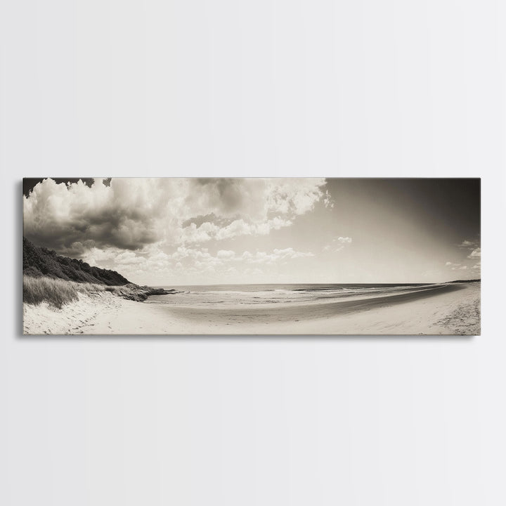 Cloudy Beach, Sandy Shoreline, Coastal Serenity, Framed Canvas Print, Neutral Tones Wall Art, Minimalist Bathroom or Hallway Decor