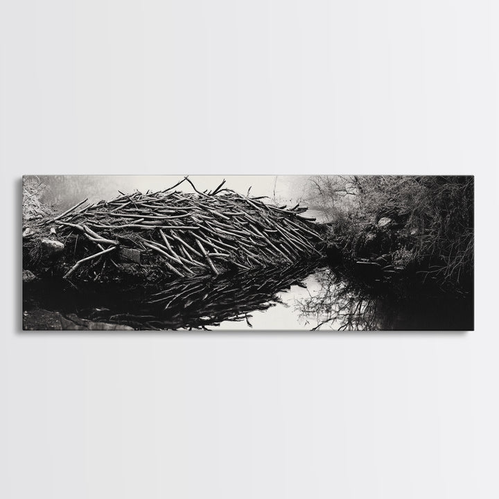 Beaver Dam, Nature Structure, Quiet Creek, Reflection Art, Framed Canvas Print, Cabin Wall Art, Rustic Decor, Woodland Black and White Art