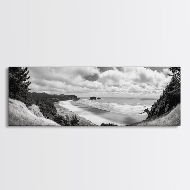 Ocean Bluff View, Seaside Hills, Coastal Forest Horizon, Framed Canvas Print, Nature Landscape Art, Living Room or Office Decor