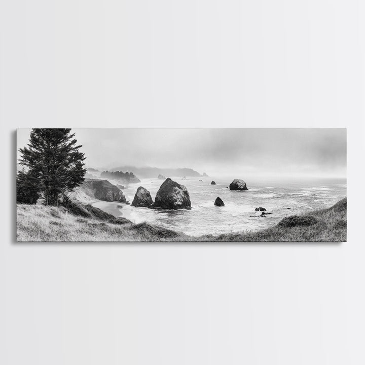 Rocky Coastline Mist, Ocean Cliffs, Foggy Seascape, Moody Decor, Canvas Print, Coastal Wall Art, Nature Photography, Living Room Decor