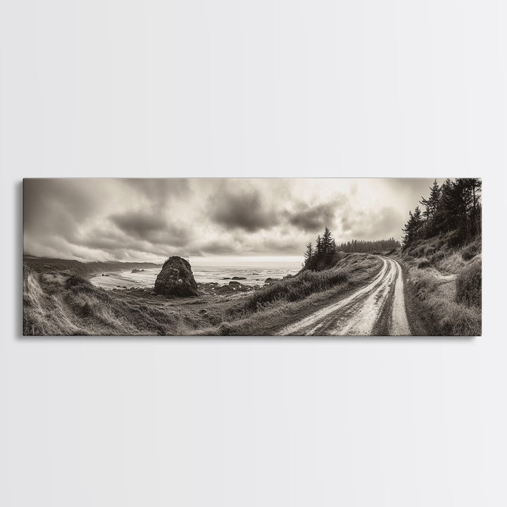 Coastal Road Journey, Overcast Ocean View, Scenic Drive Art, Framed Canvas Print, Fall Landscape Wall Art, Nature Lover, Living Room Decor