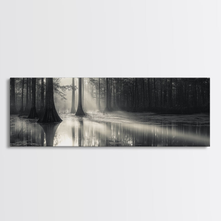 Cypress Swamp, Foggy Forest, Morning Light, Still Waters, Framed Canvas Print, Nature Wall Art, Autumn Decor, Moody Forest Photography