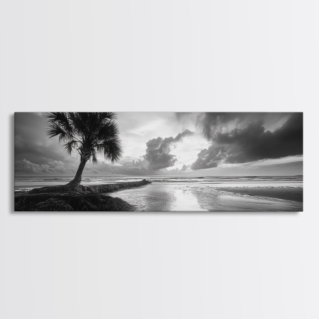 Solitary Palm Tree, Ocean Storm, Moody Landscape, Beach Wall Decor, Framed Canvas Print, Coastal Living Room Art, Monochrome Photography