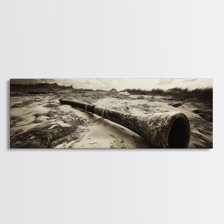 Didgeridoo Desert Scene, Tribal Instrument Art, Rustic Beach Vibe, Boho Music Decor, Framed Canvas Print, Eclectic Living Room Wall Art
