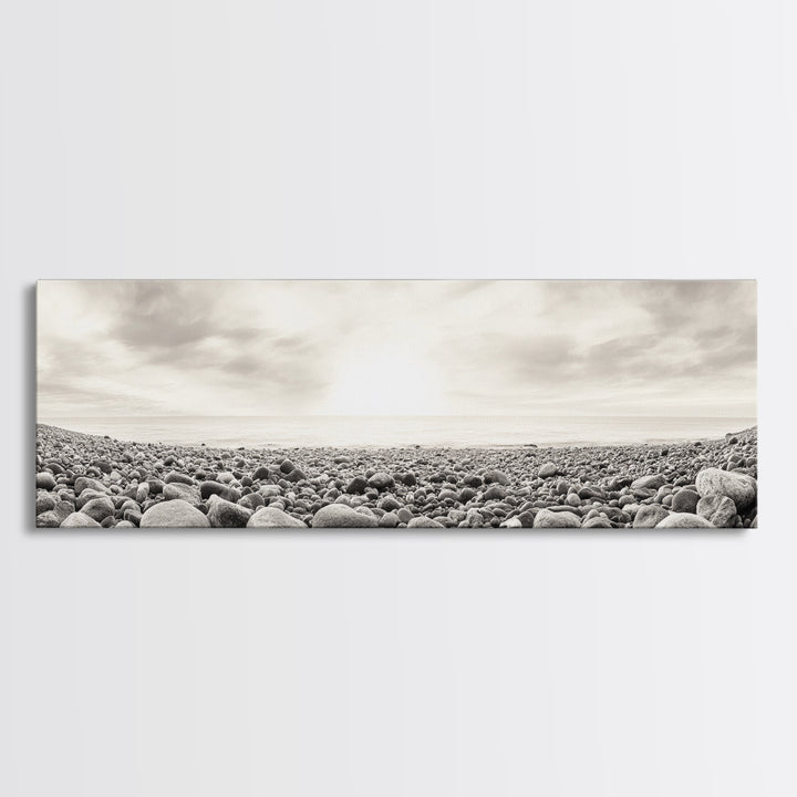Pebble Shoreline, Soft Horizon, Beach Sunrise, Calm Coastal Decor, Framed Canvas Print, Neutral Tones, Bedroom Wall Art, Nature Minimalism