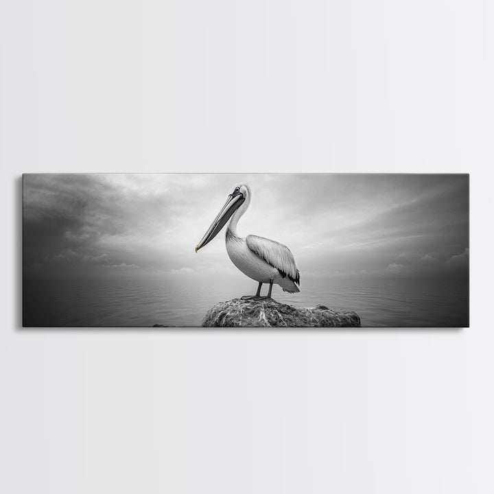 Coastal Pelican, Ocean Rock, Tranquil Wildlife Scene, Framed Canvas Print, Beach House Wall Art, Seaside Nature Decor, Moody Tones