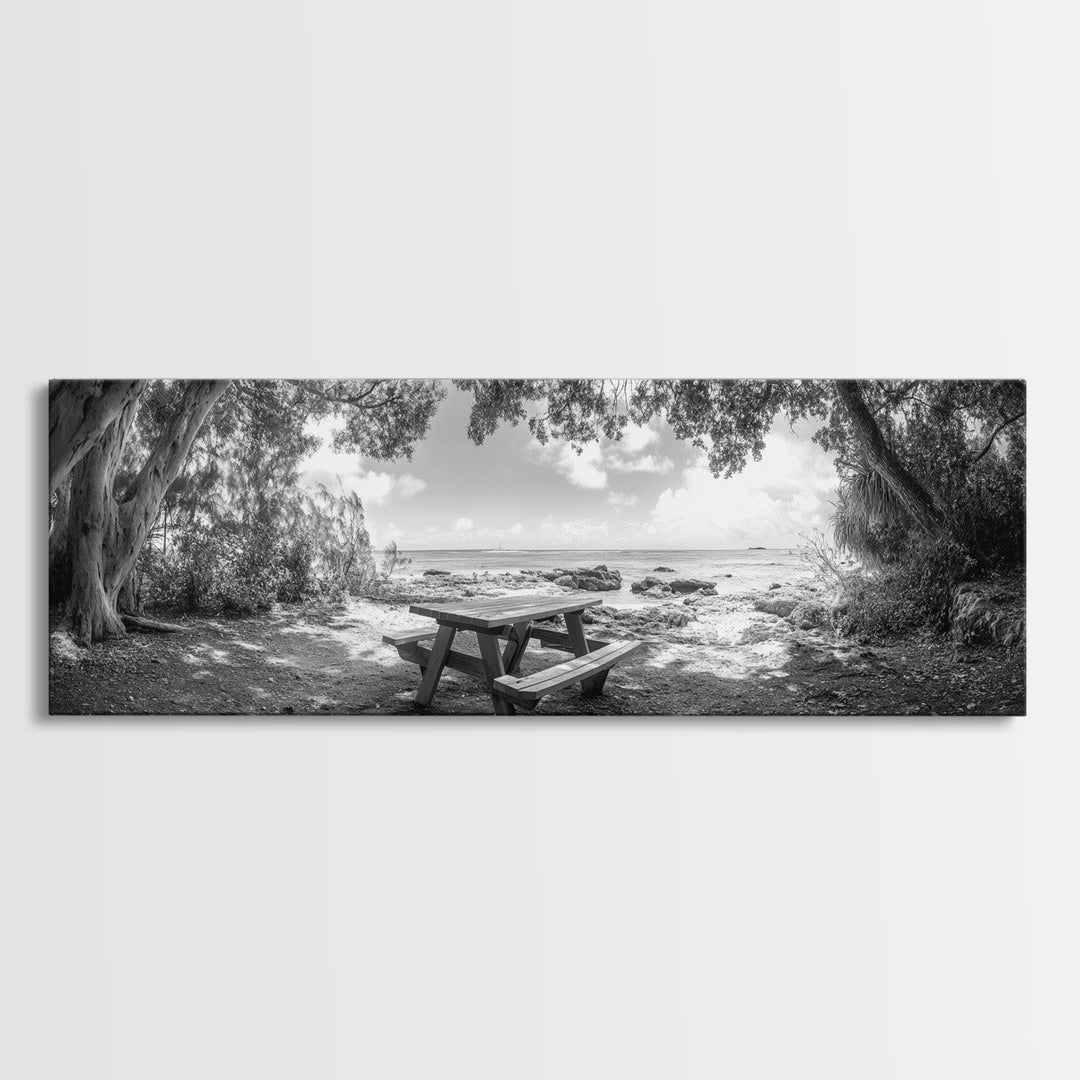 Secluded Picnic Spot, Ocean View, Tranquil Escape, Nature Sanctuary Art, Framed Canvas Print, Kitchen Wall Decor, Coastal Forest Vibe