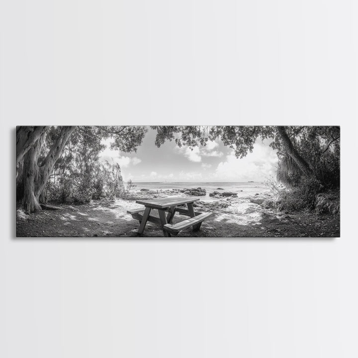 Secluded Picnic Spot, Ocean View, Tranquil Escape, Nature Sanctuary Art, Framed Canvas Print, Kitchen Wall Decor, Coastal Forest Vibe