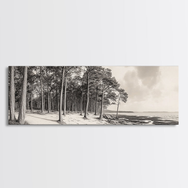 Pine Forest Coast, Tranquil Wilderness, Shoreline Trees, Earthy Coastal Scene, Framed Canvas Print, Rustic Wall Art, Autumn Cabin Decor