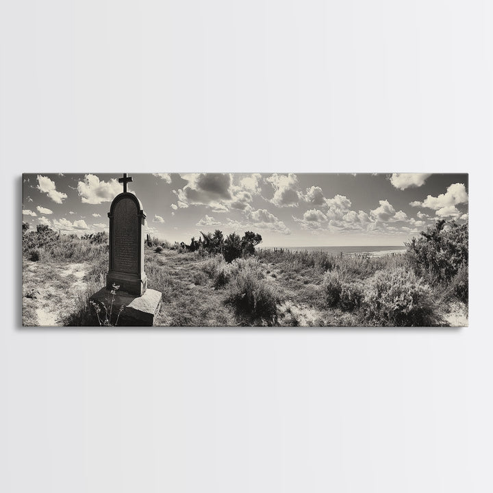 Coastal Tombstone, Sacred Landscape, Ocean Horizon, Graveyard Scene, Framed Canvas Print, Fall Living Room Decor, Moody Historical Art