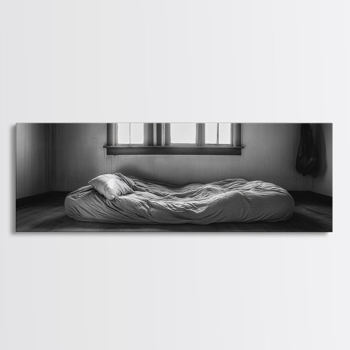 Minimalist Bedroom, Simple Living, Monochrome Bed, Peaceful Morning, Framed Canvas Print, Bedroom Wall Art, Moody Art, Farmhouse Art