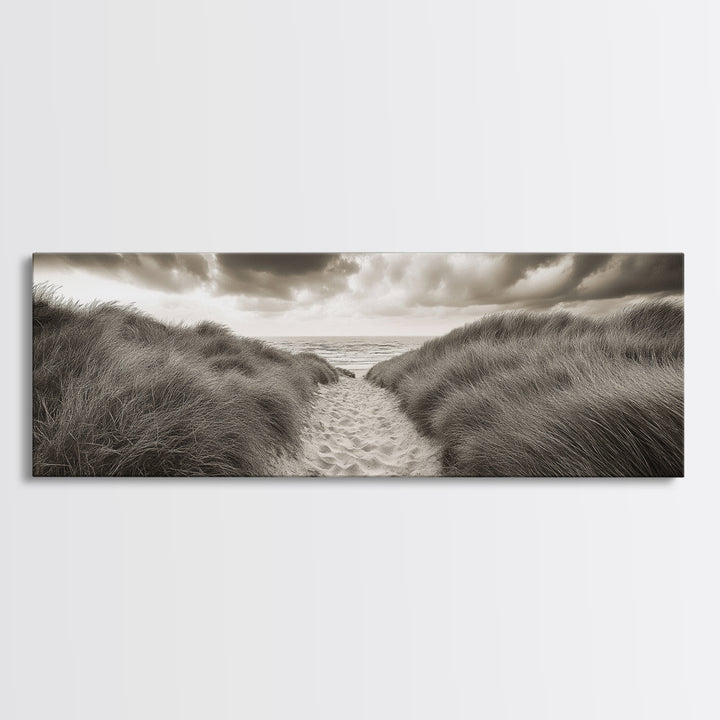 Sandy Dune Path, Grassy Trail, Seaside Journey, Beach Nature Scene, Framed Canvas Print, Minimalist Wall Art, Autumn Coastal Decor