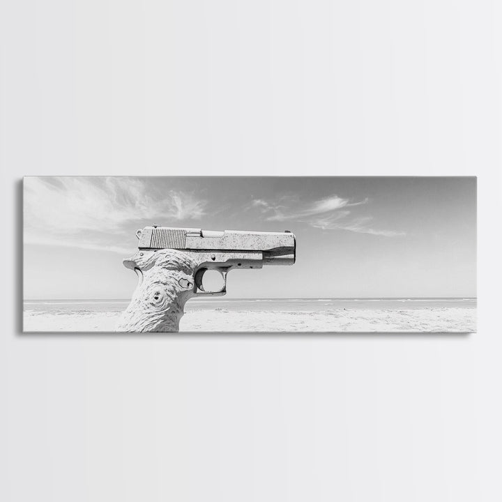 Desert Gun, Driftwood Grip, Coastal Surreal, Canvas Print, Minimalist Wall Art, Western Decor, Modern Living Room Art, Black and White Photo