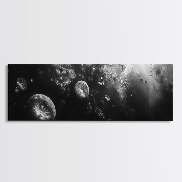 Jellyfish Dreams, Ocean Depths, Abstract Motion, Canvas Print, Coastal Bathroom Art, Nautical Theme, Moody Black and White Sea Life