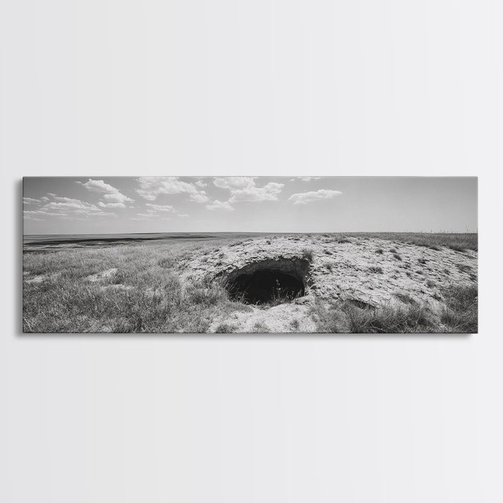Prairie Cave, Windy Plains, Nature Escape, Canvas Print, Rustic Wall Art, Earthy Decor, Bedroom Accent, Black and White Landscape