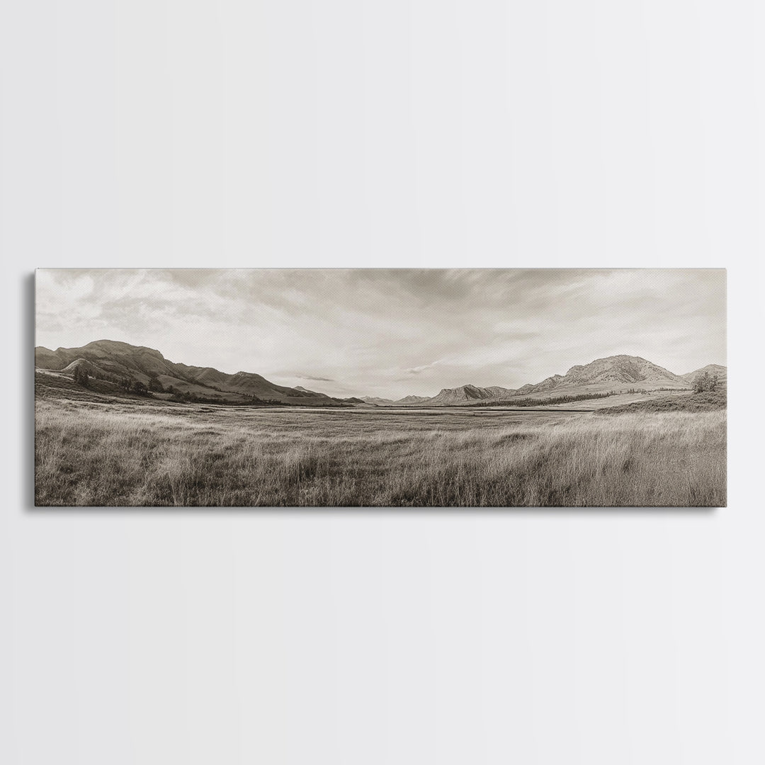 Golden Prairie, Mountain Horizon, Rustic Calm, Canvas Print, Fall Wall Art, Country Living Room Decor, Neutral Tones Photography