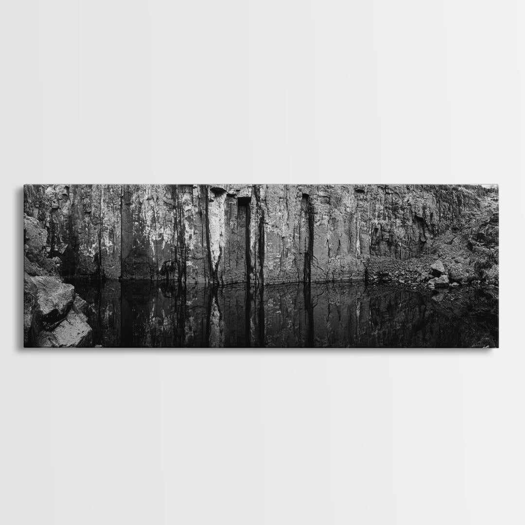 Quarry Wall, Rocky Cliff, Natural Reflection, Still Water, Framed Canvas Print, Industrial Wall Art, Man Cave Decor, Rustic Landscape Art