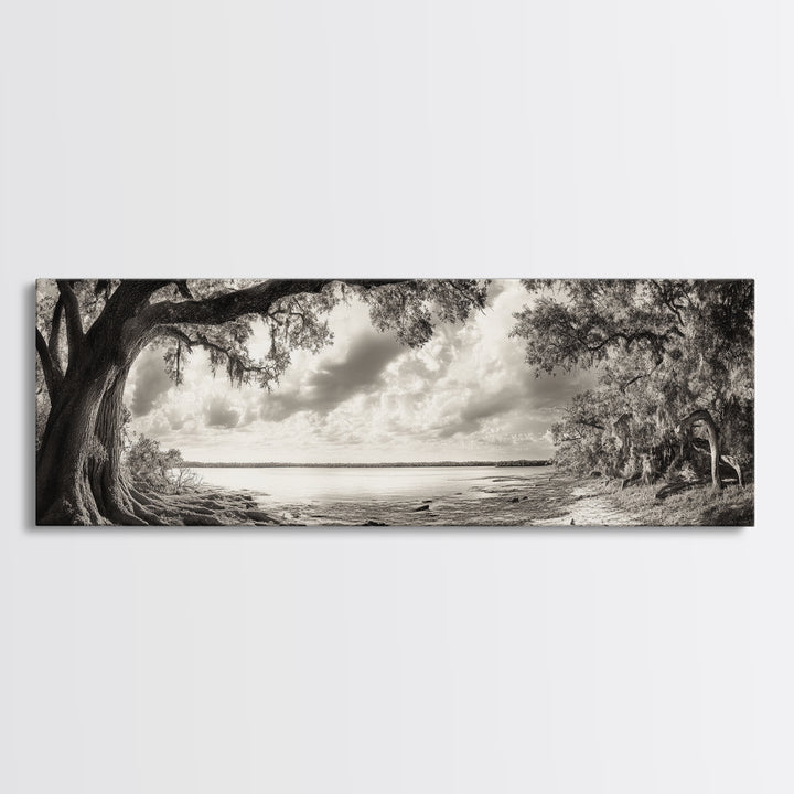 Ancient Tree, Spanish Moss, Forest Path, Framed Canvas Print, Rustic Nature Art, Living Room Wall Art, Earthy Tones, Woodland Photography