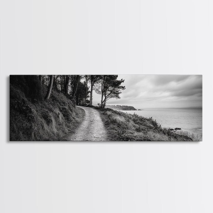 Coastal Trail, Forest Edge, Serene Path, Canvas Print, Black and White Nature Art, Entryway Wall Art, Tranquil Landscape, Moody Decor
