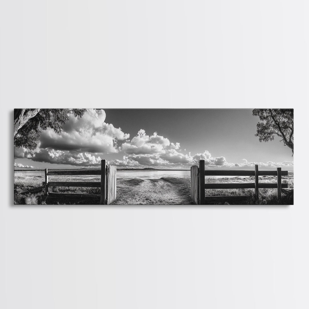 Wooden Fence, Open Field, Cloud Horizon, Framed Canvas Print, Country Landscape Photography, Entryway Wall Art, Farmhouse Autumn Decor