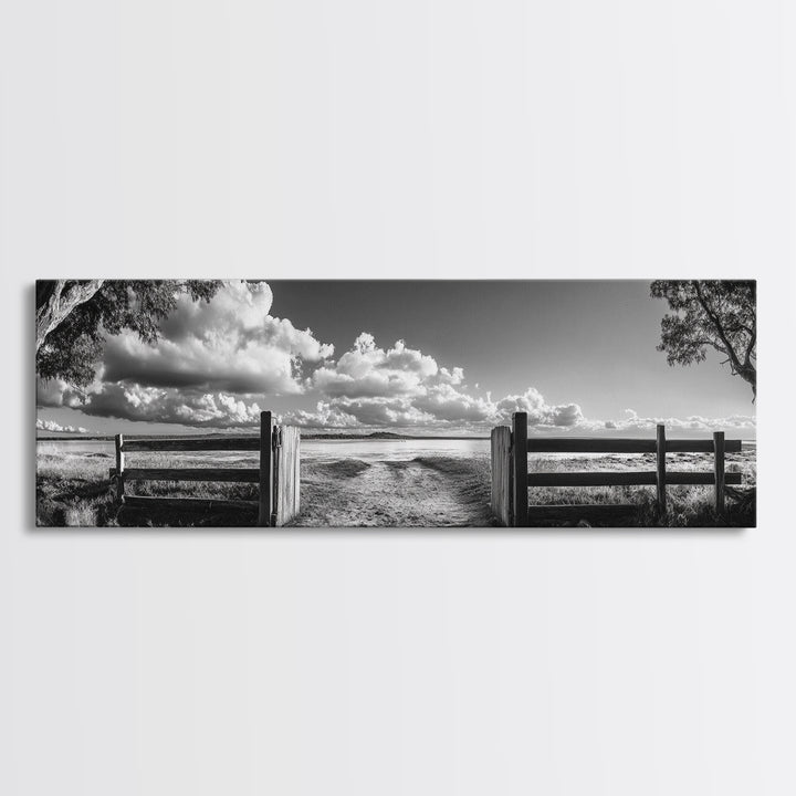 Wooden Fence, Open Field, Cloud Horizon, Framed Canvas Print, Country Landscape Photography, Entryway Wall Art, Farmhouse Autumn Decor
