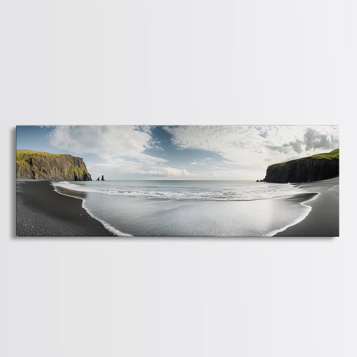 Black Sand Beach, Coastal Cliffs, Ocean Horizon, Icelandic Shore, Framed Canvas Print, Living Room Wall Art, Travel Landscape, Nature Decor