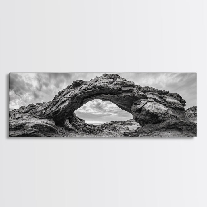 Rock Arch Landscape, Desert Formations, Dramatic Sky, Framed Canvas Print, Living Room Wall Art, Nature Inspired Decor, Monochrome Vibe